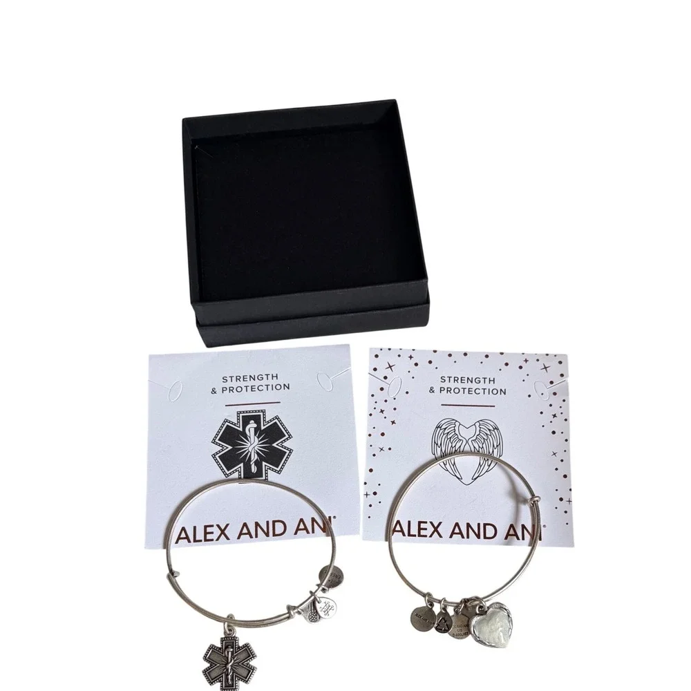 2 bangles Alex and Ani Strength & Protection Medical Cross Angel Wing Silver